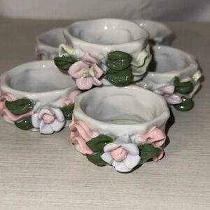 Porcelain Floral Napkin Ring Holders Raised flowers Lot of 6